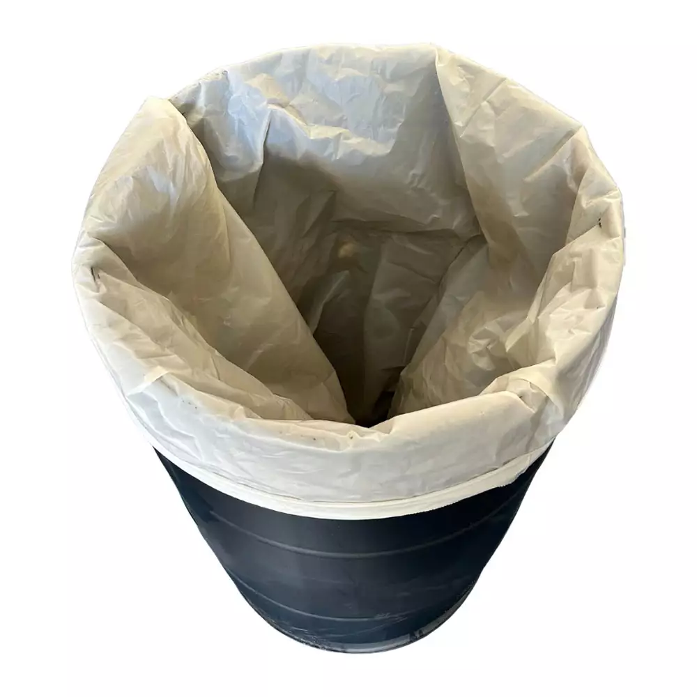 Top down angled view of liner inside 55 gallon drum