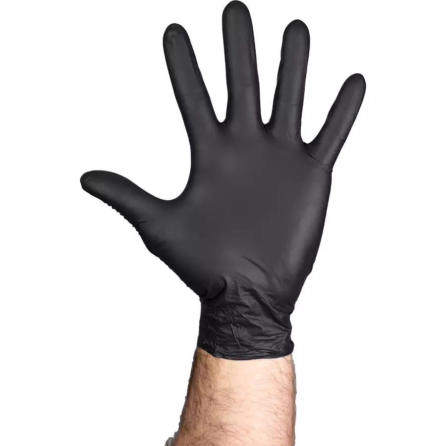 hand wearing black nitrile glove