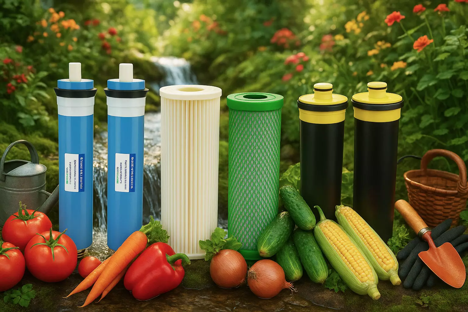 replacment filters in a lush garden creek with fruits and vegetables spread about them